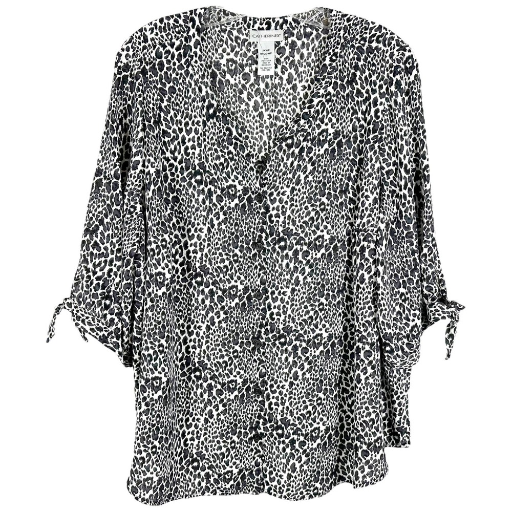 Catherines Plus Size 1XWP Top Black White Animal Print V Neck Chiffon‎ 412